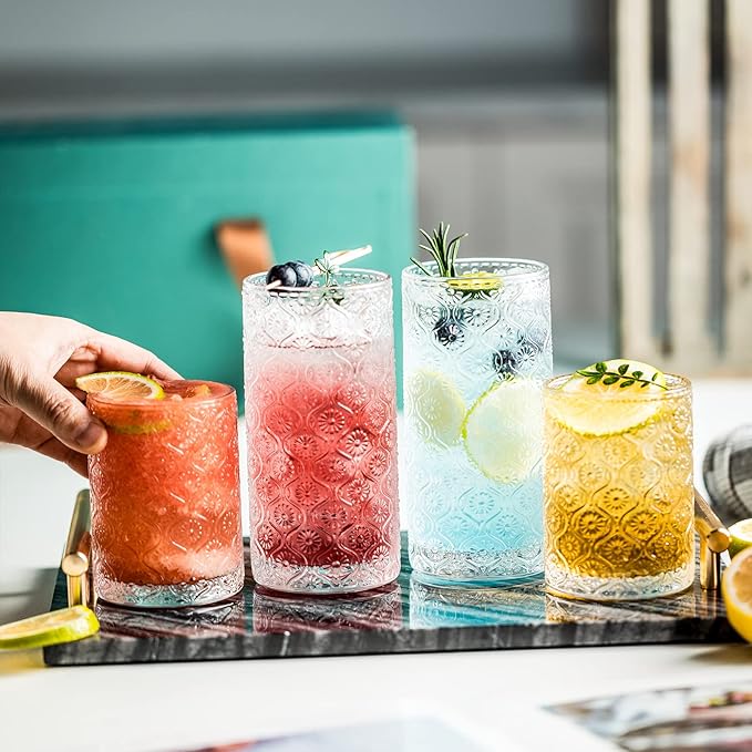 Glass Cups Vintage Glassware Set of 4, Drinking Glasses 9oz, Embossed Pattern Style Transparent Cocktail Glasses Set, for Ice Coffee,Juice,Beer,Bar Beverages,Drinkware, Transparent (S)