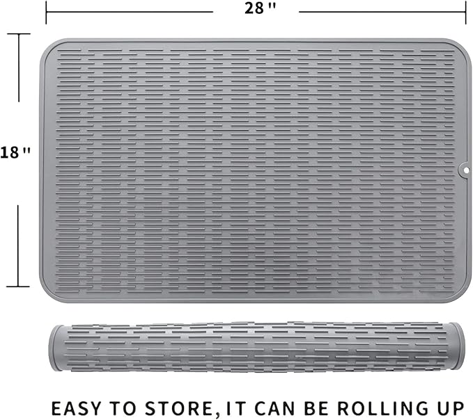 Silicone Dish Drying Mat for Multiple Usage,Easy clean,Eco-friendly,Heat-resistant Silicone Mat for Kitchen Counter or Sink,Refrigerator or Drawer Liner Grey 3XL 28 inches x 18 inches