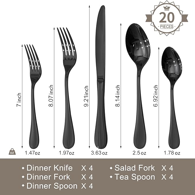 KINGSTONE 20 Piece Teardrop Silverware Set for 4, 18/10 Stainless Steel Flatware Set, Modern Design Cutlery Set for Home/Hotel/Wedding,Mirror Polished and Dishwasher Safe, Black
