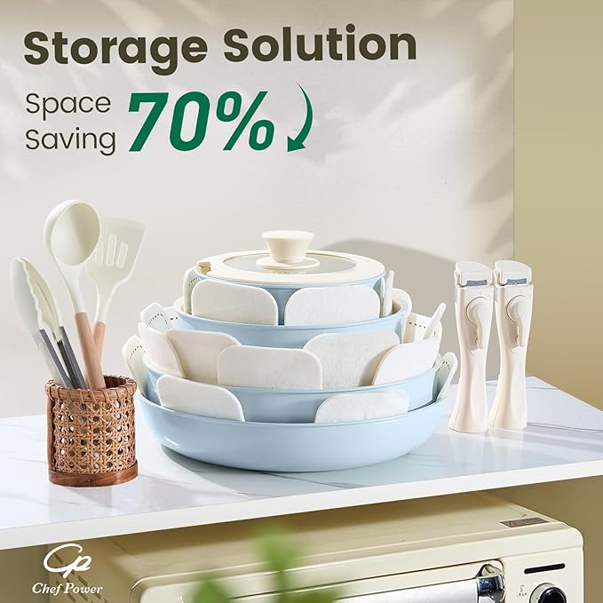 Chef Power Ceramic Nonstick Pots and Pans Set 19 Piece with Detachable Handle, Induction Dishwasher Oven Safe Cookware Set, RV Kitchen Set Removable Handle (Light Blue)