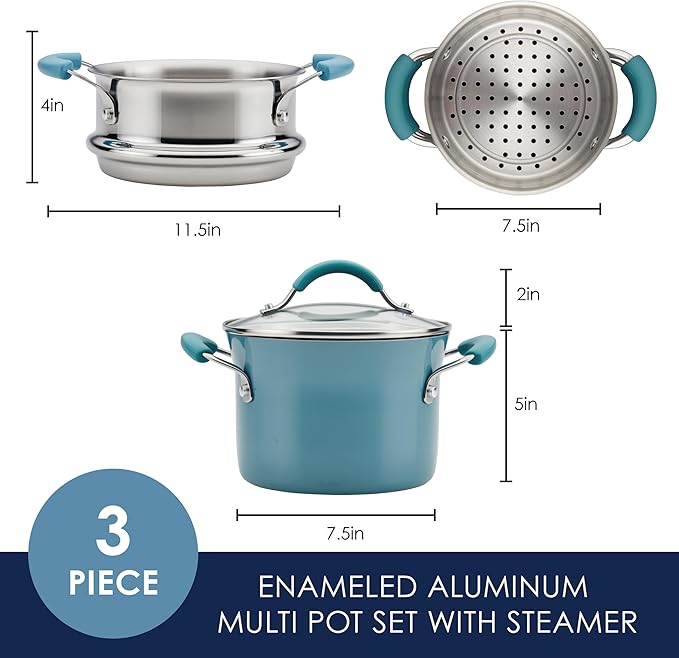 Rachael Ray Cucina Hard Porcelain Enamel Nonstick Multi-Pot / Steamer Set, 3-Quart, Agave Blue - 16799