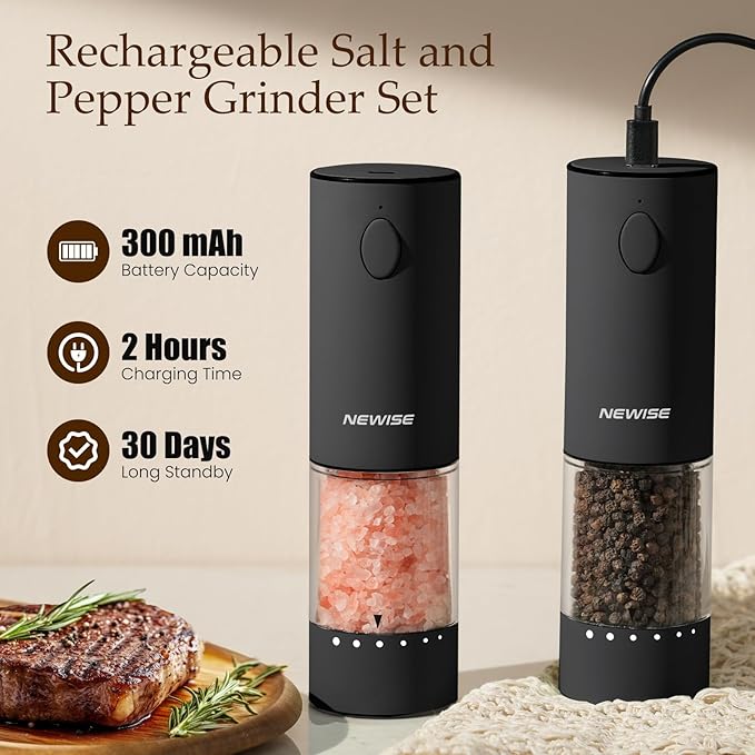 Electric Salt and Pepper Grinder Set, Gifts for Mom Wife, Rechargeable with LED Lights, Stainless Steel Automatic Pepper & Salt Mill, Adjustable Coarseness, Large Capacity, Black