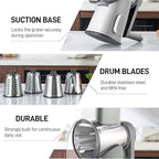 VEKAYA Cheese Grater, Cheese Grater Hand Crank, 4 Interchangeable Blades Cheese Shredder, Vegetable Slicer, Non-slip Suction Base, Easy to Clean Rotary Grater with Handle (Grey)