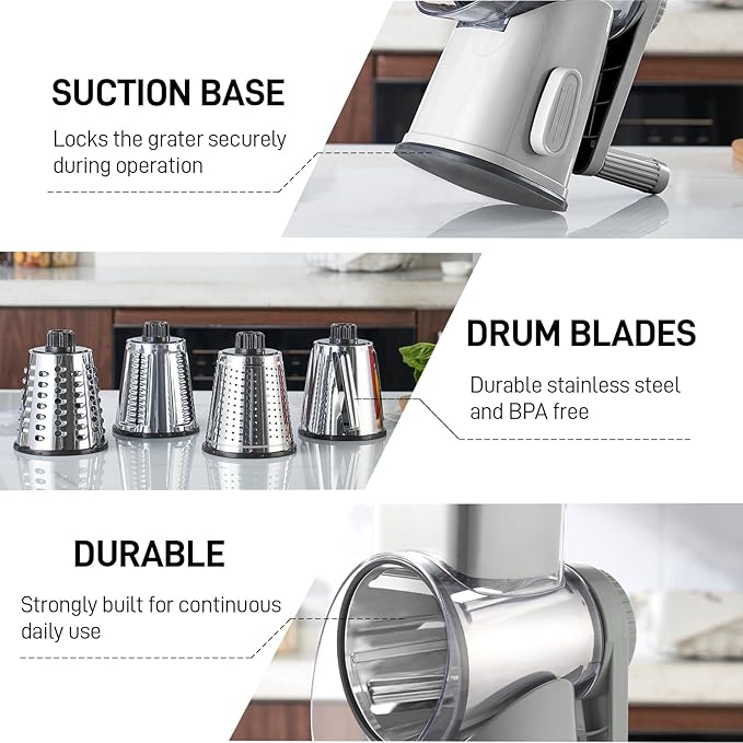 VEKAYA Cheese Grater, Cheese Grater Hand Crank, 4 Interchangeable Blades Cheese Shredder, Vegetable Slicer, Non-slip Suction Base, Easy to Clean Rotary Grater with Handle (Grey)