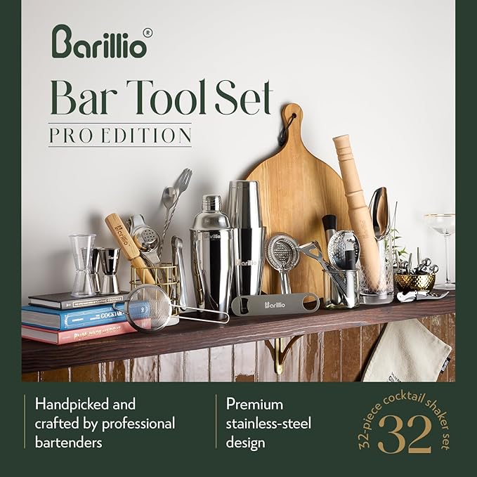 Barillio Bar Tool Set Pro Edition - Stainless-Steel Cocktail Shaker Set - Mixology Bartender Kit w/Boston Shaker, Drink Mixer & Muddler for Cocktails - Home Bar Accessories - 32-Pc Bar kit