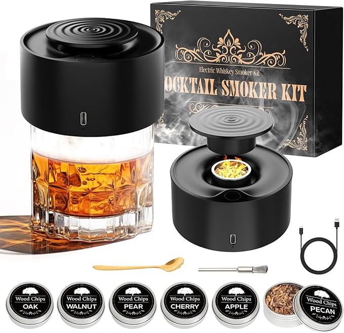 Electric Whiskey Smoker Kit – Old Fashioned Drink Smoker Kit with Heating Rod, Aluminum Alloy Body & 6 Wood Chips – USB Rechargeable, No Butane – Gift for Whiskey, Cocktail,Bourbon, Coffee& BBQ Lovers