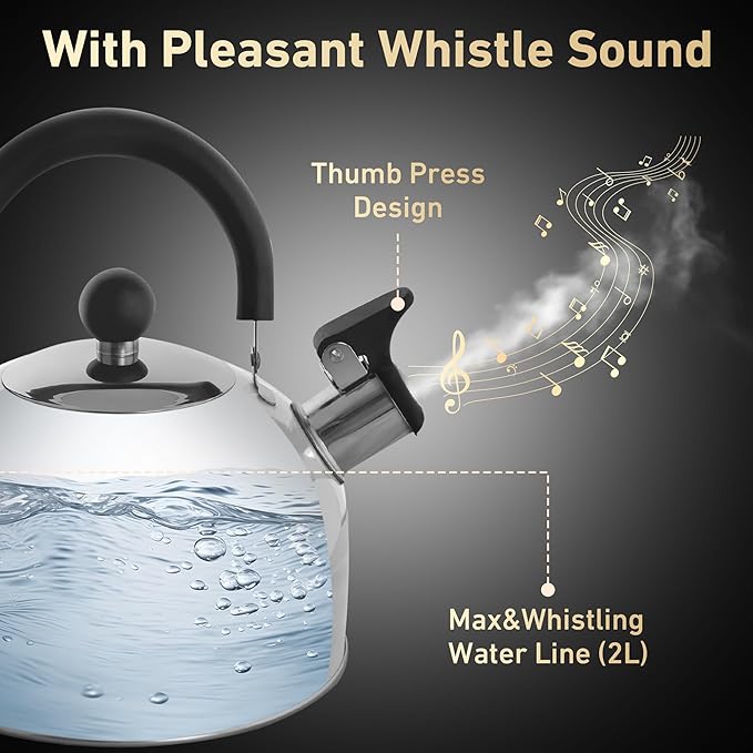 Lily's Home 2 Quart Whistling Tea Kettle, Stainless Steel Stovetop Kettle for Gas & Induction Tops, Classic Whistle Spout, Cool-Touch Handle for Safe Pouring - Perfect for Home, Kitchen, Dorm
