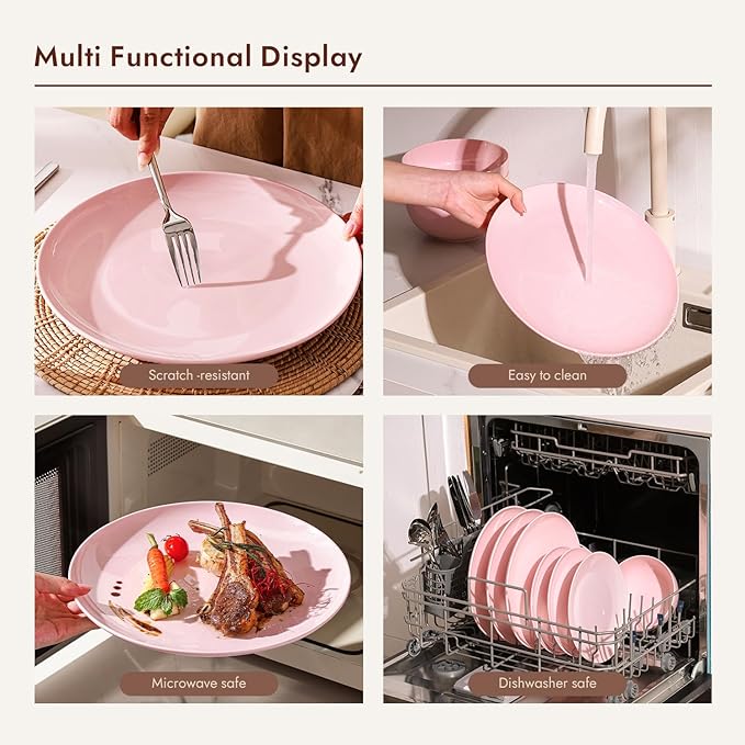 KINGSTONE Bone China Dinnerware Sets, 24-Piece Dinnerware Set for 8, Lightweight Durable, Dishwasher Safe, Tableware for Daily Use with Elegant Design, Pink