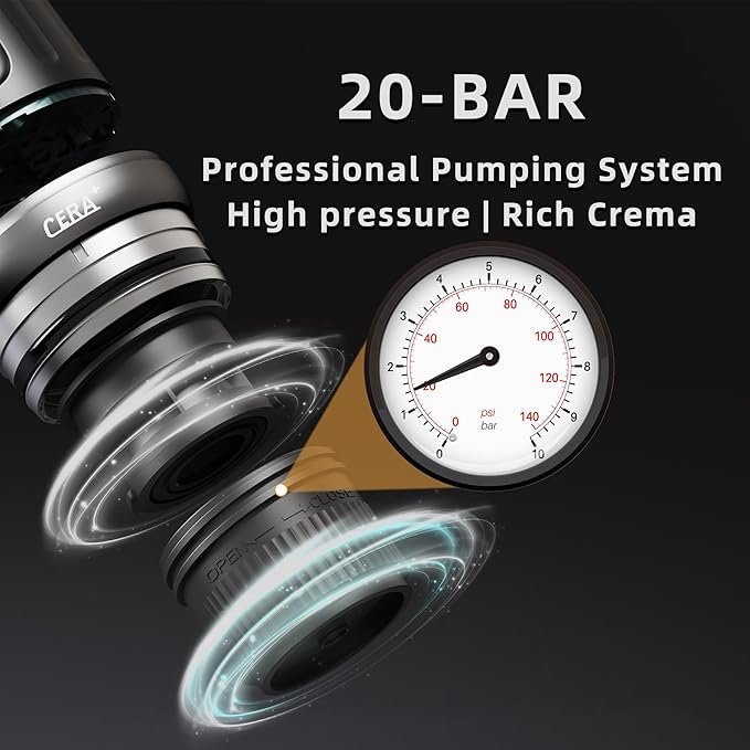CERA+ Portable Espresso Machine 5-8 Cups per Charge, Self-Heating 20 Bar， NS Pods & Ground Coffee, CERApresso Electric Travel Coffee Maker for Outing, Working, Camping