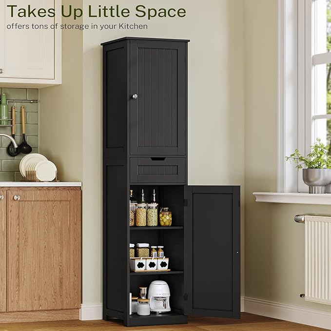 67" H Tall Storage Cabinet with 2 Doors and 1 Drawer, Narrow Black Cabinet with Adjustable Shelves, for Bathroom, Living Room, Entryway, Kitchen, Black