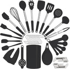 Silicone Kitchen Cooking Utensils Set with Stainless Steel Handle, Spatula Set Utensil Set, Cooking Utensil Set,Kitchen Tools Gadgets for Nonstick Cookware (35, Black)