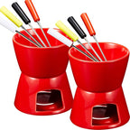 Mudder Fondue Mug Ceramic Pot and 8 Pieces Forks for Melting Chocolate, Cheese, Broth Or Tapas On Valentine's Day (Red)