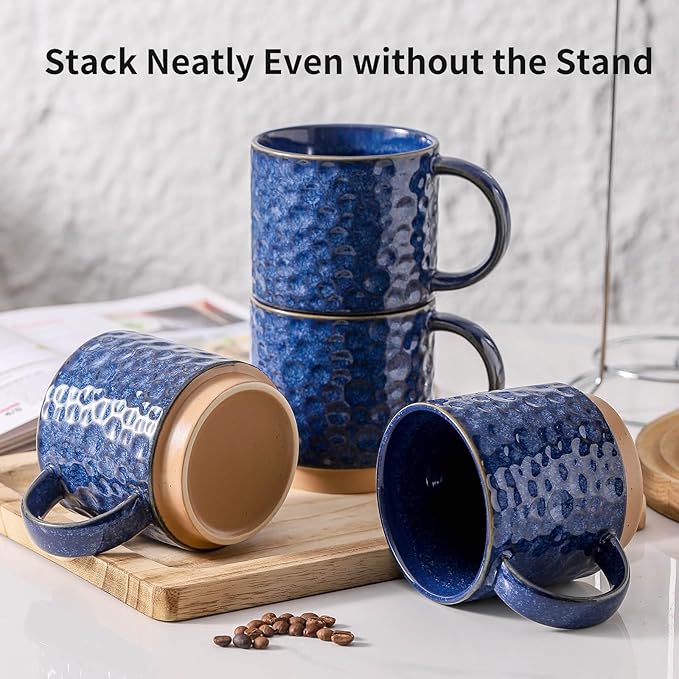 Nihow Ceramic Coffee Mug Set of 4, 16OZ Stackable Coffee Mug Set with Stainless Stand,Large Cup Set for Cappuccino,Tea,Hot/Cold Drinks,Dishwasher & Microwave Safe,Vivid Blue