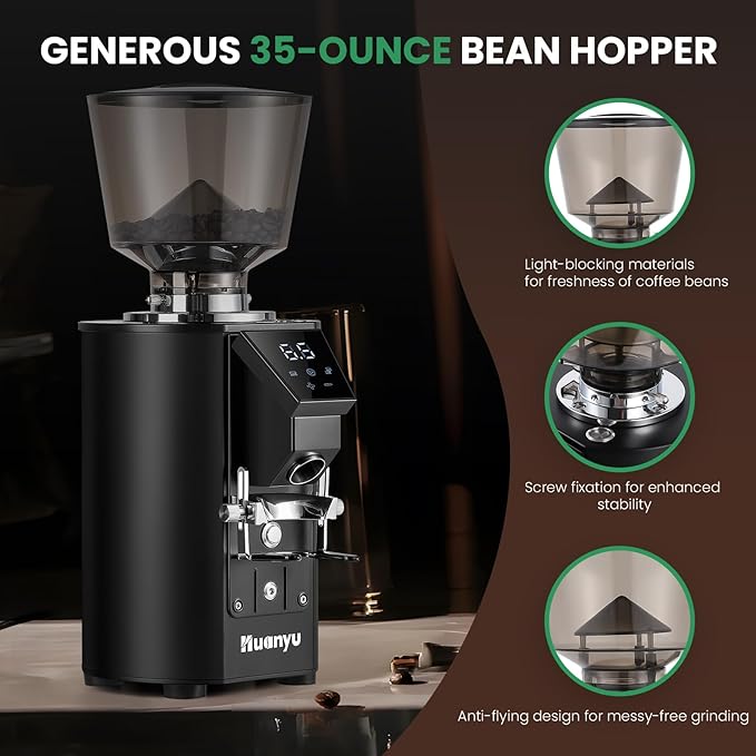 Huanyu Commercial Coffee Grinder - Touchscreen Control, 8 Grind Settings, 64mm Flat Burr, Dual Dosing Modes for Coffee Shops