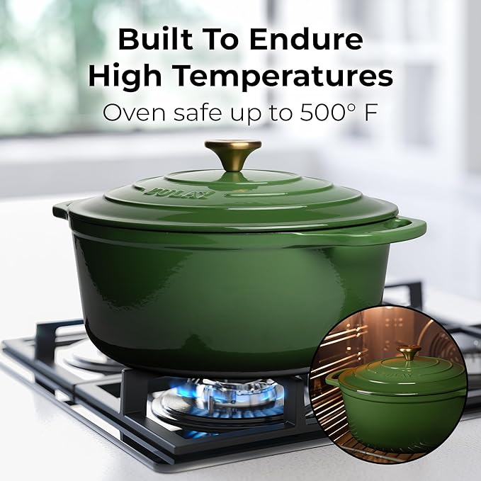 Zulay Kitchen 6 Quart Enameled Cast Iron Dutch Oven Pot with Lid – Premium Durability & Oven Safe up to 500°F – Heavy Duty Cookware Perfect for Bread Baking, Stews, Braising & Roasting – Green