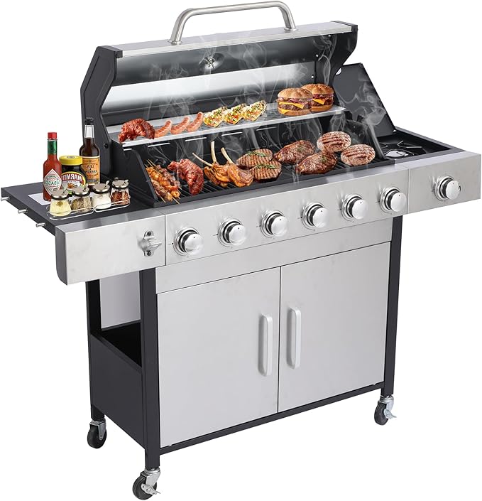 CIG GARDEN 6 Burner Propane Gas Grill With Side Burner,3 in 1 Gas BBQ Grill,73000 BTU Outdoor Barbecue Propane Griddle Grill combo for Camping, Patio, Backyard