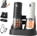 CIRCLE JOY Electric Salt and Pepper Grinder Set Automatic Salt and Pepper Grinder Set with Charging Base and White LED Light, Adjustable Coarseness, USB Rechargeable, Washable Container, White & Black