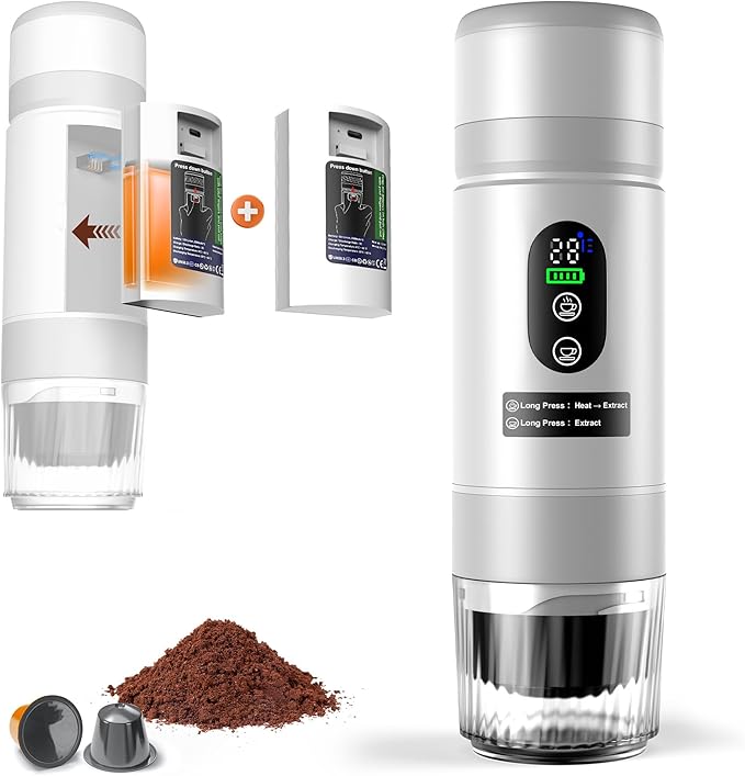 Portable Coffee Machine w/ 2 Rechargeable Batteries, 8 Cups, 20bar, USB-C, Espresso coffee Maker for Camping Travel Office, Ground & Capsule Compatible