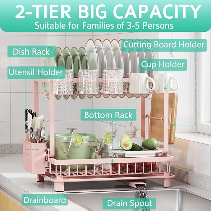 Multifunctional Dish Drying Rack - Rustproof, 2-Tier Dish Racks with Drainboard, Space-Saving Design, Utensil & Cup Holder for Kitchen Counter, Pink