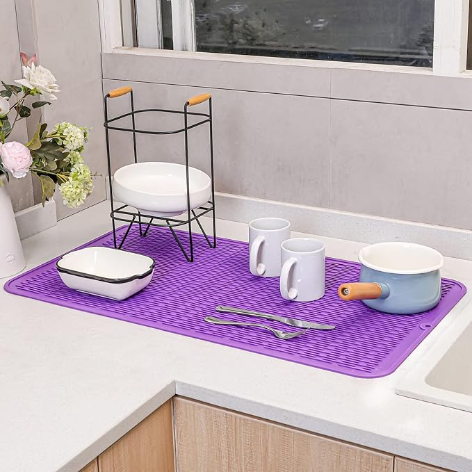 Silicone Dish Drying Mat for Multiple Usage,Easy clean,Eco-friendly,Heat-resistant Silicone Mat for Kitchen Counter or Sink,Refrigerator or Drawer Liner Purple 4XL 32 inches x 18 inches