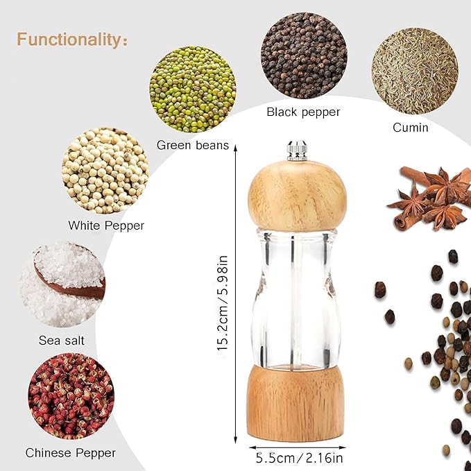 Pepper Grinder Wooden Salt and Pepper Grinder Set Manual Pepper Mill Zinc Alloy Handle Shakers Adjustable Coarseness Retro Style Wood Salt and Pepper Shakers (6in-burlywood)