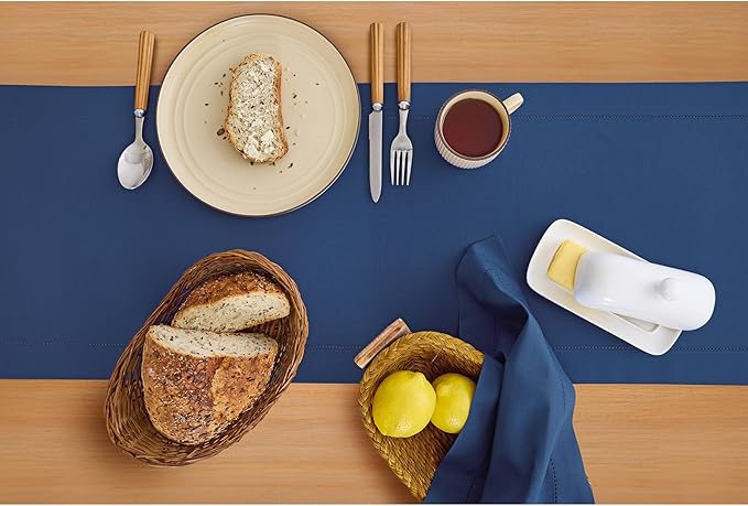 Solino Home Table Runner 90 Inches Long - Cotton Linen Hemstitch Lapis Blue Table Runner 14 x 90 Inch for Summer, Fall, Autumn
