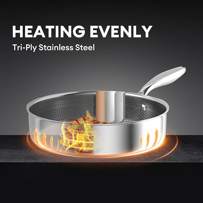 COOKER KING 3.6 Quart Stainless Steel Saute Pan with Lid, 11 Inch Hybrid Nonstick Deep Saute Pan, Tri-Ply Clad Even Heat Distribution, Dishwasher-Friendly,Oven Safe to 500°F, Induction Compatible