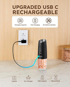 Sangcon Gravity Electric Salt and Pepper Grinder Set RECHARGEABLE Automatic Salt Pepper Shakers USB-C No Battery Needed - LED Light One Hand Operation, External Adjustable Coarseness Pepper Mill