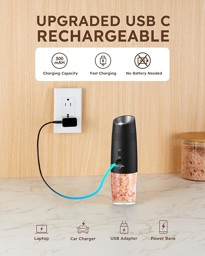 Sangcon Gravity Electric Salt and Pepper Grinder Set RECHARGEABLE Automatic Salt Pepper Shakers USB-C No Battery Needed - LED Light One Hand Operation, External Adjustable Coarseness Pepper Mill
