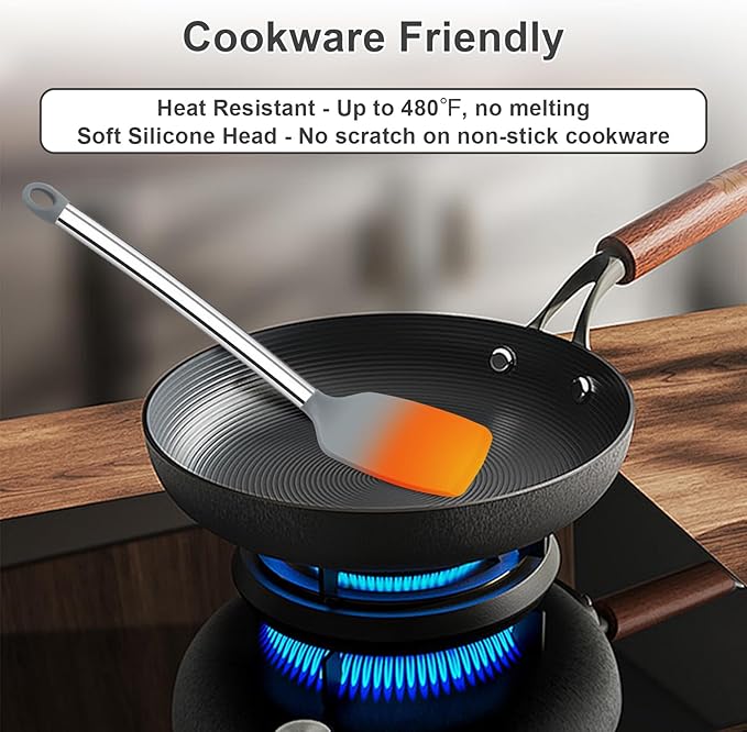 8 PCS Cooking Utensils Set, Vayvnt Silicone Kitchen Spatula Set for Cooking, Non Toxic Silicone Kitchen Utensils with Stainless Steel Long Handle, Spoon and Tong, Heat Resistant&Dishwasher Safe, Gray