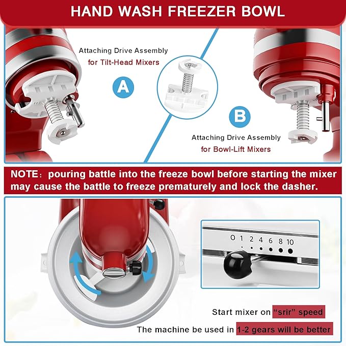 Ice Cream Maker Attachment for KitchenAid Stand Mixer, Compatible with 4.5/5QT & 6QT Stand Mixers, 2 Quart Frozen Kitchenaid Ice Cream Maker Attachment Ice Cream Bowl for Yogurt/Sorbet Gelato