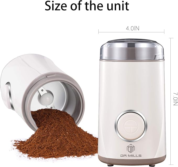 DR MILLS DM-7441 Coffee Grinder Electric, Coffee Bean and Dried Spice Grinder, One Touch Operation, Blade and cup made with SUS304 stainless steel (White)