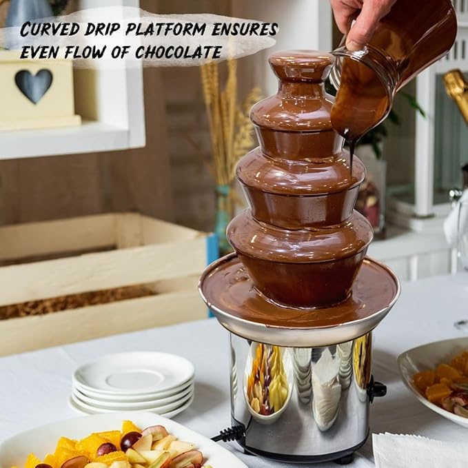 4 Tiers Chocolate Fountain Electric Chocolate Fondue Fountain,2-Pound Capacity,Stainless Steel Cascading Fondue Heat Motor Controls Pot for Cheese, Melting Chocolate, Liqueurs