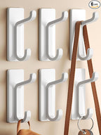 Wall Hooks for Coat and Towel: 13LB Adhesive Door Hanger Stick on, White 6 Pack