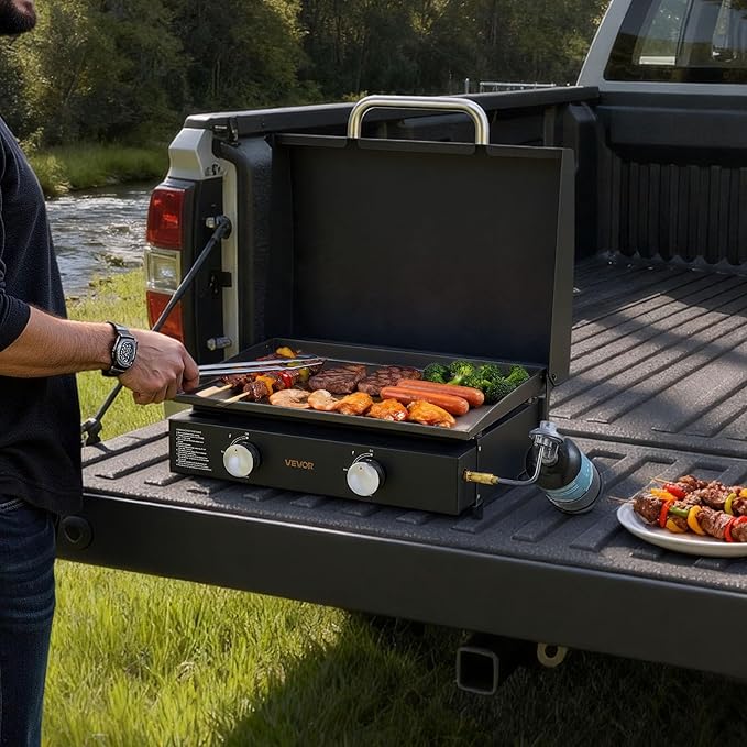 VEVOR Gas Griddle, 2 Burner Tabletop Griddle, 22 inch Portable Griddles Propane with Lid, Oil Drain Hole & Oil Collection Tray, 22000BTU Camping Flat Top Grill for Outdoor Cooking, Tailgating