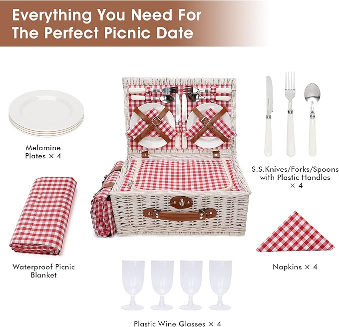 HappyPicnic Fitted Picnic Baskets Cooler Set for 4 Persons with Large Waterproof Picnic Blanket, Insulated Compartment and Cutlery Service Kit-Red