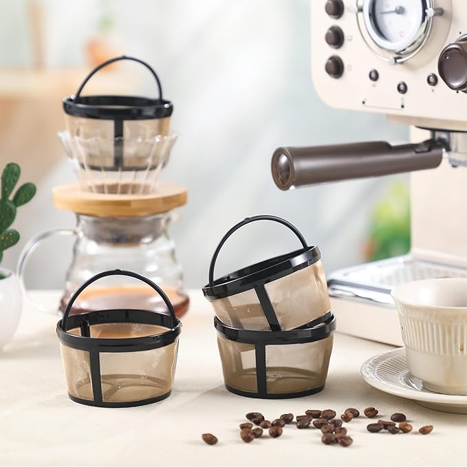 Maxdot 4 Packs Reusable Coffee Filters 4-5 Cup Replacement Mesh with Handle 2.8 x 3.1 x 2 Reusable Filter Basket Compatible with Mr. Coffee Most Coffeemakers Brewers Universa (Stainless Steel,Gold)