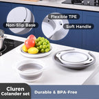 Collapsible Colander Set with Universal Draining Tray | 3-Pack Foldable Kitchen Strainers + Base | Space Saving for Pasta, Veggies, Fruit & Rice | 5 Colors (Gray-White)