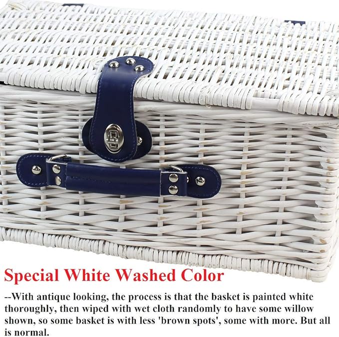 Picnic Basket Willow for 4 Persons, Large Wicker Hamper Set with Big Insulated Cooler Compartment, Fleece Blanket with Waterproof Backing and Cutlery Service Kit- Fashionable White Washed Color
