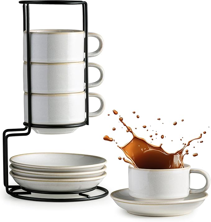 Gomakren 6 Ounce Cappuccino Cups with Saucers and Metal Stand, Stackable Coffee Cup Set of 4, Halloween Porcelain Espresso Cups for Coffee Drinks, Cappuccino, Latte, Americano, Tea, White