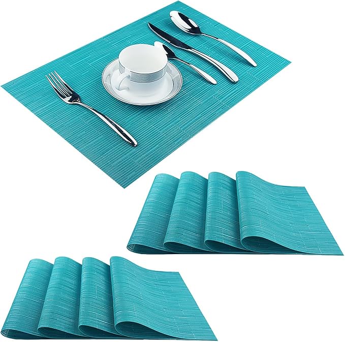 PIGCHCY Placemats Set of 8 Washable Durable Place Mats Vinyl Heat Resistant Non-Slip Table Mats Indoor Outdoor (Turquoise)