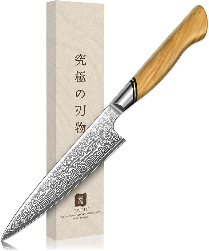 TIVOLI Kitchen Utility Knife,5 inch chef knife,Ultra Sharp Petty Knife with VG-10 Damascus Steel and Olive Wood Handle,Ideal Gift