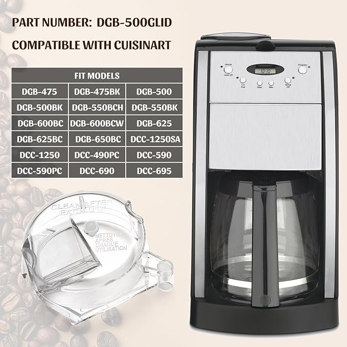 DGB-500GLID Grinder Lid for Cuisinart Coffee Grinder Clear Grinder Assembly Lid Replacement Parts for Cuisinart Grind and Brew Coffee Maker Models DGB-475,DGB-475BK,DGB-500,DGB-500BK,DGB-600,DGB-600BC