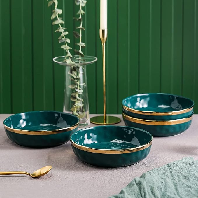 Stone Lain Florian Porcelain 3-Piece Round Shallow Bowl Service Set, Green with Gold Rim