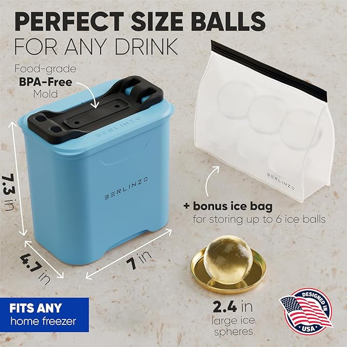 Berlinzo Premium Clear Ice Ball Maker Mold - 2 Large 2.4-inch Crystal Clear Ice Balls for Whiskey Cocktail-New Easy-to-Remove Ice Sphere Mold - Ice Storage Bag Included, Tiffany (Non-Electric)