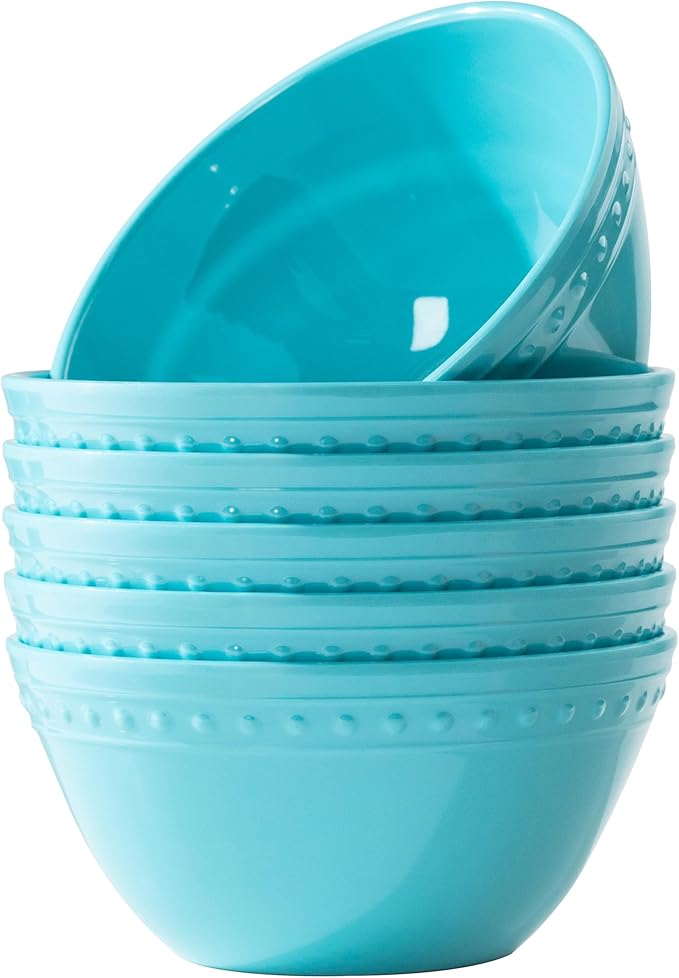 Melamine Beaded Cereal Bowls Set Aqua, 6 inch, 24oz All purpose/Soup/Salad Bowls Set of 6, Unbreakable Durable, Dishwasher Safe, BPA Free - Perfect for Soups, Salads, Cereal & Entertaining