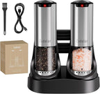 Electric Rechargeable Salt and Pepper Grinder Set,Automatic Pepper Mill Grinder with USB C Charging Dock,Upgraded 95ml Large Capacity,Adjustable Coarseness,LED Light,Stainless Steel