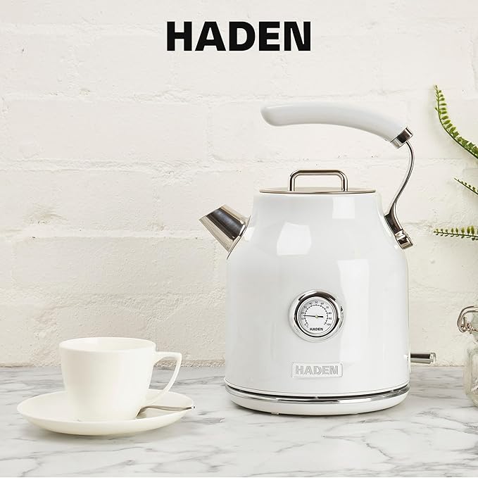 Haden Dorset 1.7 Liter Stainless Steel Electric Kettle, Hot Water Kettle with 360-Degree Base and Auto Shutoff, Ivory & Chrome