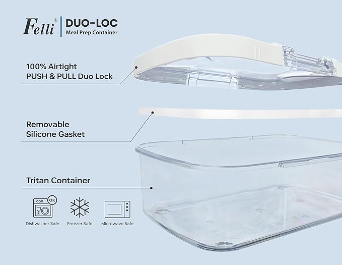 Felli Duo Loc Tritan Containers for Heating Food Microwave Safe Box, Airtight Food Storage for Fridge Freezer, On The Go Lunch Container for Adults for Weekly Meal Plan Picnic Travel (6pk)