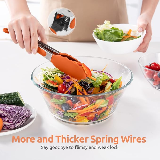 600ºF Heat Resistant Kitchen Tongs: U-Taste 9 inch Silicone Cooking Tong with Firm Sealed Non Stick Rubber Tips & Silicon Coated 18/8 Stainless Steel Handle & Smooth Locking for Serving Grill (Orange)